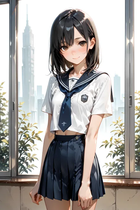 Pretty, beautiful, masterpiece, 4k, high quality, detailed illustration, solo, 1girl, (skinny), school uniform, (cute), (sweet), (soft), gentle, delicate, black hair, brown eyes, slight blush, slight smile