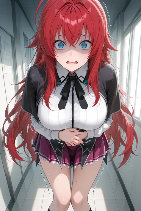 1girl, hand on own stomach, sweat,  leaning forward, nervous, scared, trembling legs, ,aarias, long hair, red hair, ahoge, blue eyes, school uniform, black capelet, neck ribbon, collared shirt, white shirt, long sleeves, underbust, black dress, miniskirt, ...