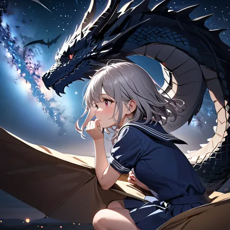 Finest Details、(((top quality、Ultimate Masterpiece、Super Detailed、High precision in selection、CG、HHD、movie)))、A cute young girl is looking at the sky、The girl's shadow is in the shape of a dragon、It has a certain charm、gray haired、sailor suit、shadow of the...