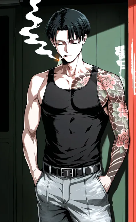 1male,solo,Levi Ackerman,black hair,short hair,closed eyes,black toptank,baggy jeans,black belt,smoking,ciggarette,Yakuza Tattoo,japanese garage,MF Ghost Style