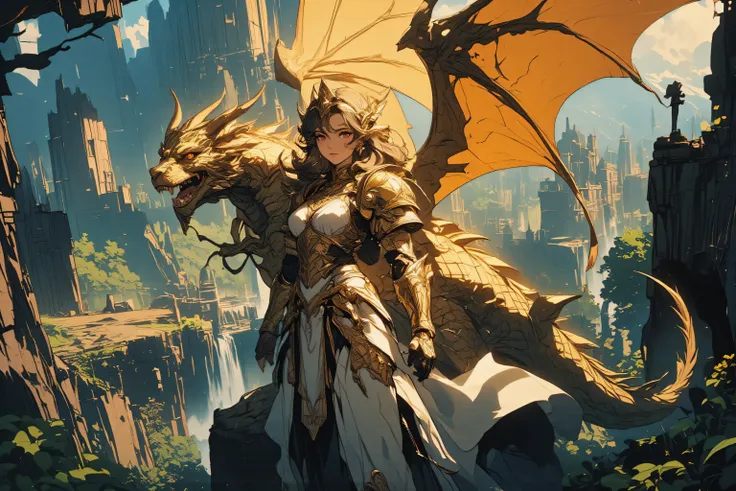 zavy-ctcmcs,hyp3rd3tail style,Celestial Fantasy,a picture of a female dragon warrior princess with her gold dragon mount, standing on top of cliff watching fantasy forest (intense details, Masterpiece, best quality), elegant, glam, fantasy white armor with...