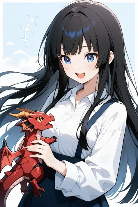 pastel、best quality、girl holding a little red dragon、long black straight hair fluttering in the wind。The girl's eyes are sapphire-colored。They're laughing happily with their mouths wide open。