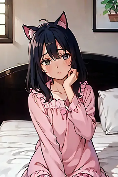Western-style room,  laid-back afternoon 、Young girl with pink cat ears, Put your head on your hands , long black hair with bangs, wearing a white ruffled nightgown, A faint blush, lies on white sheets, soft morning light shining through a window, Gentle S...