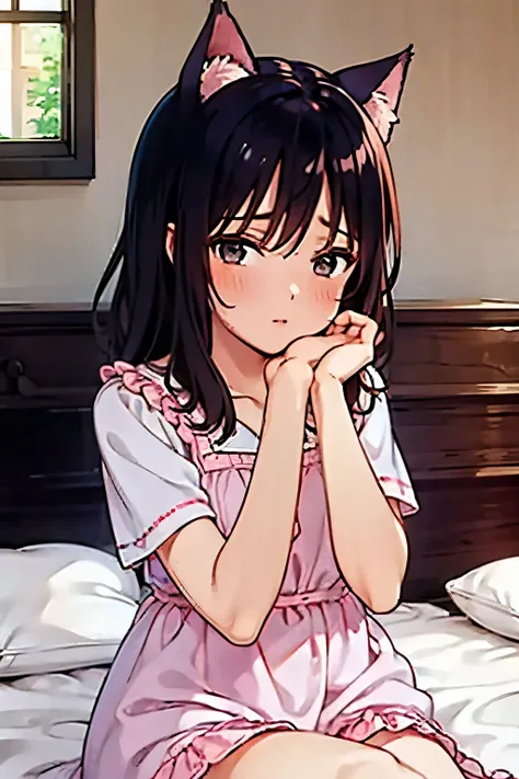 Western-style room,  laid-back afternoon 、Young girl with pink cat ears, Put your head on your hands , long black hair with bangs, wearing a white ruffled nightgown, A faint blush, lies on white sheets, soft morning light shining through a window, Gentle S...