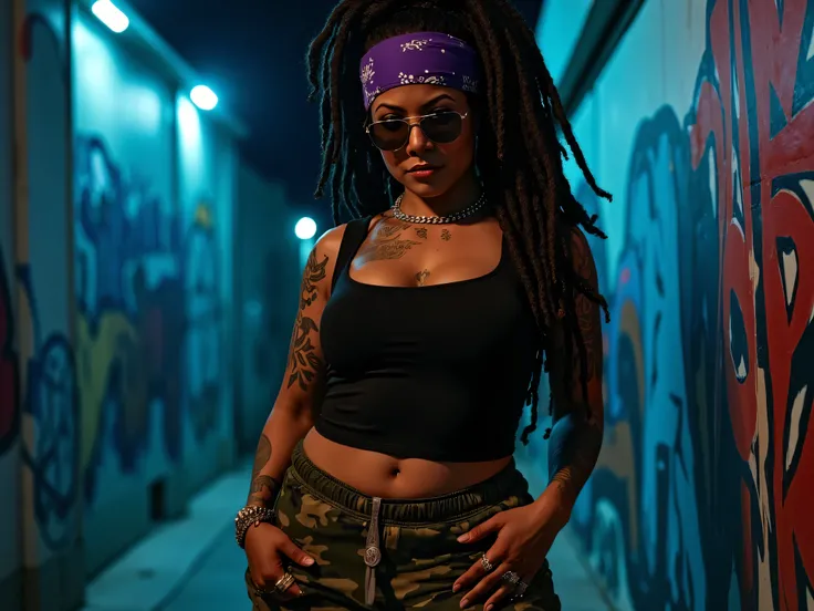 koel mallick, A thighs-up close up shot of voluptuous curvy fit woman street thug standing in a dark alley. Long thick dreadlocks tied in a huge bun, purple-bandana wrapped around head, nose and ear piercing, eyebrow slit, face tattoos like a rapper, punk ...