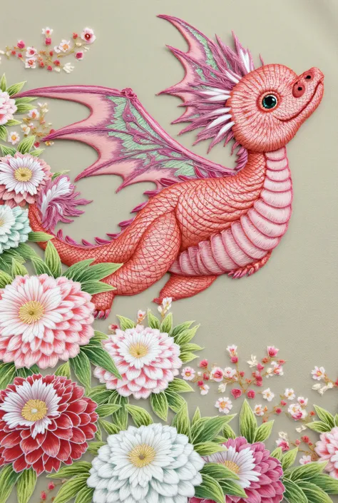 handicrafts using cloth and thread、colorful pastel colors、Floral Patterns and Green Decorations、((cute dragon baby flying in the sky:1.6))、Fantasy Art、beautiful graphics、authentic writing、 Twinkle、fluffy、Bokeh、masterpiece、top quality、Highly detailed、Ridicu...