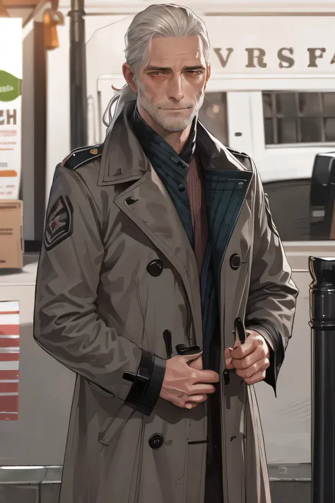 masterpiece after sex, best quality, high-resolution, A middle-aged male, solo, black German military trench coat, ponytail, Gray Hair, green eyes,Visible wrinkles,Sad expression , short beard,long sleeve, outdoors, standing