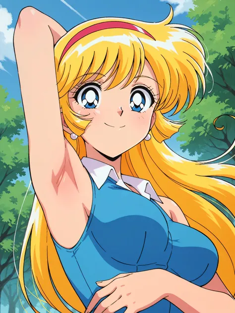 masterpiece, best quality, amazing quality, anime coloring, retro artstyle, 1girl, solo, KisaragiHoney, blonde hair, long hair, blue eyes, medium breasts, hairband, blue sleeveless shirt, collared shirt, white collar, open collar, sleeveless, bare shoulder...
