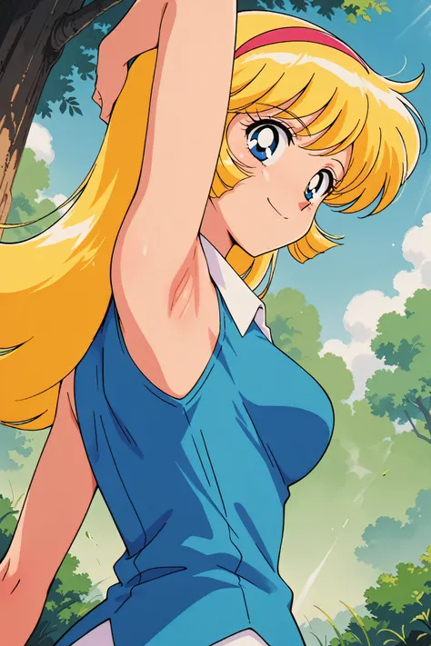 masterpiece, best quality, amazing quality, anime coloring, retro artstyle, 1girl, solo, KisaragiHoney, blonde hair, long hair, blue eyes, medium breasts, hairband, blue sleeveless shirt, collared shirt, white collar, open collar, sleeveless, bare shoulder...