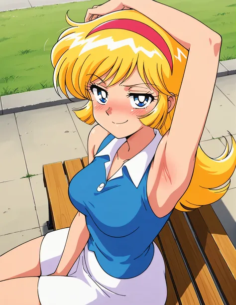 masterpiece, best quality, amazing quality, anime coloring, retro artstyle, 1girl, solo, KisaragiHoney, blonde hair, long hair, blue eyes, medium breasts, hairband, blue sleeveless shirt, collared shirt, white collar, open collar, sleeveless, bare shoulder...