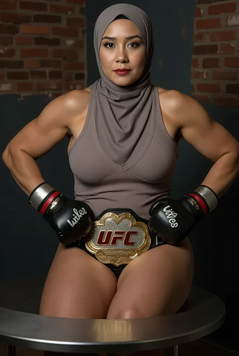 (angry face expression), (The stitching is very neat), very old lady Wearing Hijab perfectly ,  wearing Scoop Neck Sleeveless grey Bodysuits G-String Thongs sinlet swimsuit , (KEDUA BELAH TANGAN DI ANGKAT LURUS KE ARAH ATAS SAMBIL MEMAKAI BOXING GLOVES) PL...