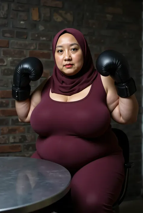 (gloomy face expression), (The stitching is very neat), very old lady Wearing Hijab perfectly ,  wearing Scoop Neck Sleeveless maroon Bodysuits G-String Thongs sinlet swimsuit , (KEDUA BELAH TANGAN DI ANGKAT LURUS KE ARAH ATAS SAMBIL MEMAKAI BOXING GLOVES)...