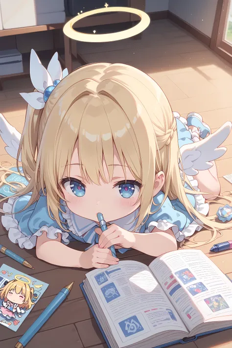 score_9, score_8_superior, score_7_superior, masterpiece, best quality, absurdres, high_fidelity, vibrant, sauce_anime, (rating_explicit:0.7), masterpiece, Highest quality, Adorable, 1girl, solo, (chibi:1.2), shirosaki hana, angel, solo, halo, wings,  dres...