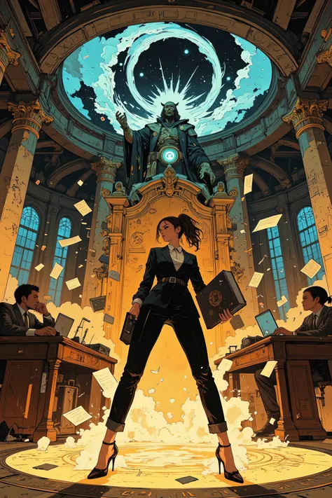 anime style, wide-angle shot, divine corporate chamber blending ancient marble temple with modern office elements, grand columns, glowing celestial ceiling, floating glyphs and scrolls, at the center a furious woman in a sleek black business suit, long dar...