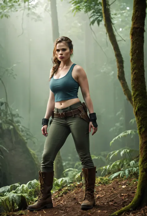 hayley atwell (best quality,4k,8k,highres,masterpiece:1.2),ultra-detailed,(realistic,photorealistic,photo-realistic:1.37),Ai Shinozaki, sexy lara croft,cleavage,adventurous,confident expression,curly dark hair,fit physique,tactical clothing,sky blue tank t...
