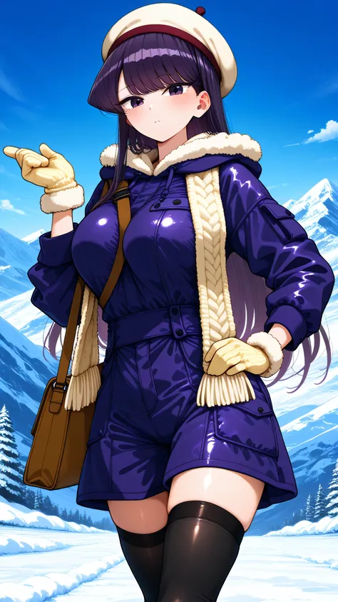 alone (Komi Shouko, purple eyes and midnight purple hair long hair,), large breasts,cheerful expression, (dressed in a hoodie), (leggings), (botas sobre la rodilla), (), ( faux leather stole ), (knitted gloves), (Wool socks), (beret hat), (Mitones con alon...