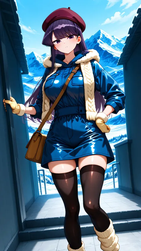 alone (Komi Shouko, purple eyes and midnight purple hair long hair,), large breasts,cheerful expression, (dressed in a hoodie), (leggings), (botas sobre la rodilla), (), ( faux leather stole ), (knitted gloves), (Wool socks), (beret hat), (Mitones con alon...