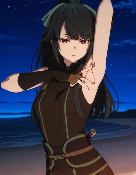 jasmine flamesworth, long hair, black hair, red eyes, bow, brown eyes, ponytail, hair bow, green bow, mature female, small breasts, anime screencap, gloves, fingerless gloves, ninja, sleeveless, sleeveless dress, bare shoulders, high quality, closed mouth,...