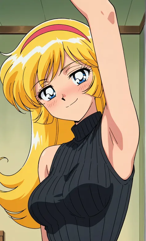 masterpiece, best quality, amazing quality, anime screencap, anime coloring, retro artstyle, 1990s (style), retro, retro artstyle, 1girl, solo, KisaragiHoney, blonde hair, long hair, blue eyes, medium breasts, hairband, black sweater, sleeveless sweater, r...