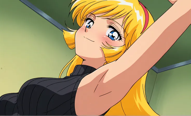 masterpiece, best quality, amazing quality, anime screencap, anime coloring, retro artstyle, 1990s (style), retro, retro artstyle, 1girl, solo, KisaragiHoney, blonde hair, long hair, blue eyes, medium breasts, hairband, black sweater, sleeveless sweater, r...