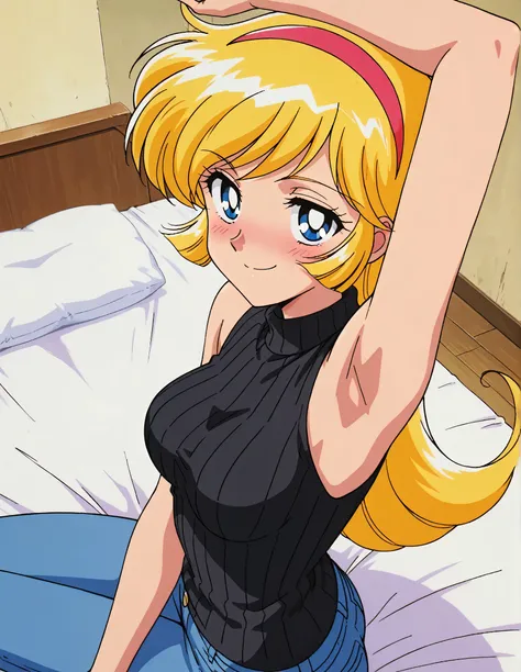 masterpiece, best quality, amazing quality, anime screencap, anime coloring, retro artstyle, 1990s (style), retro, retro artstyle, 1girl, solo, KisaragiHoney, blonde hair, long hair, blue eyes, medium breasts, hairband, black sweater, sleeveless sweater, r...