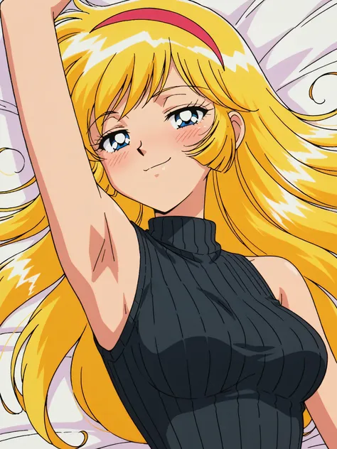 masterpiece, best quality, amazing quality, anime screencap, anime coloring, retro artstyle, 1990s (style), retro, retro artstyle, 1girl, solo, KisaragiHoney, blonde hair, long hair, blue eyes, medium breasts, hairband, black sweater, sleeveless sweater, r...