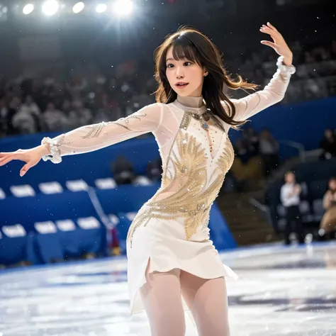 Depict a 20-year-old, stunningly beautiful woman gracefully gliding across the ice in a grand skating arena. She wears an elegant and intricately designed figure skating dress, adorned with shimmering details that reflect the arena lights. Her expression i...