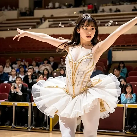 Depict a 20-year-old, exquisitely beautiful ballerina performing on a grand theater stage. She wears a delicate and intricately designed tutu, its soft fabric flowing with every movement. Her posture is impeccable, one leg extended in a perfect arabesque, ...