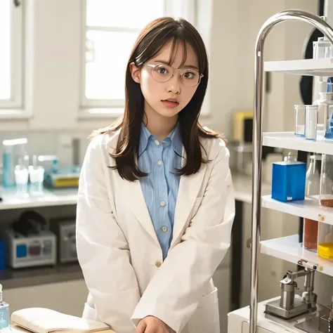 Depict a 20-year-old, stunningly beautiful woman conducting an experiment in a well-equipped science lab. She wears a pristine white lab coat over professional attire, her expression focused as she carefully handles scientific instruments. Whether her hair...