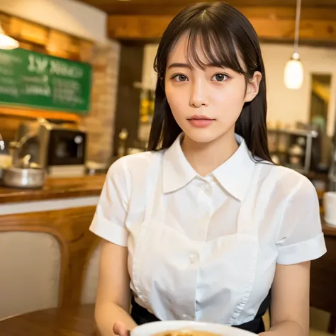 A girl is working as a waitress in a cozy cafe. She's wearing a classic maid outfit. The air feels warm and calm, and it's like you can almost smell the coffee through the picture. long hair, dark hair, dark eyes. 