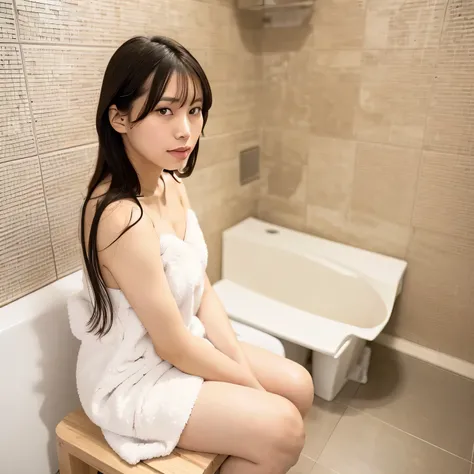 A beautiful woman in a A narrow, compact Japanese bathroom, with tiled walls, a small bathtub, and a wooden stool beside it. Steam fills the room., sitting in seiza style , politely waiting to greet someone.The character is wrapped in a towel around the bo...