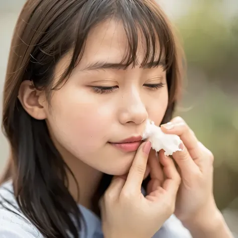 NSFW. Her cheeks are covered in a greyish-white mucus. A young woman, blushing slightly, both eyes closed, after being splashed in the face with A pale grayish-white, slightly sticky and viscous liquid, with a cloudy texture. Face slightly tilted up. . lon...