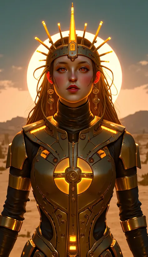 Bella Ramsey as Ra, Sun Goddess, futuristic version, Egyptian sun deity, biopunk techno-pharaoh style, face is illuminated by cybernetic golden tattoos that pulse with solar energy, biomechanical sun disk hovers above head, entwined with serpentine wires r...
