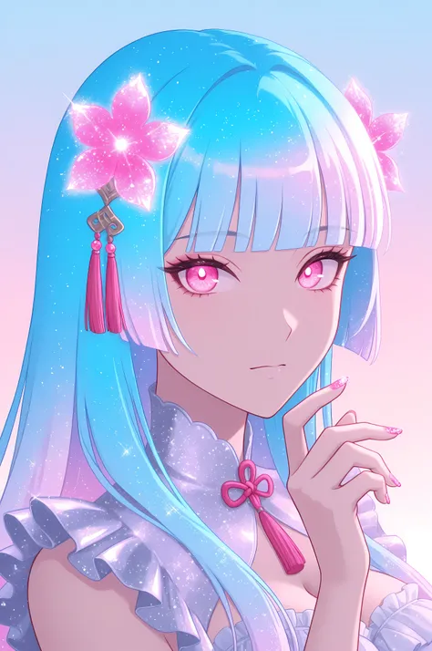 woman, solo, holofoil nails, looking at viewer, holographic, holofoil glitter, glowing, bangs, pink eyes, long hair, neon hair, glowing hair, hair ornament, hand up, flower, blunt bangs, closed mouth, tassel, ribbon, portrait, ethereal, pastel gradient bac...