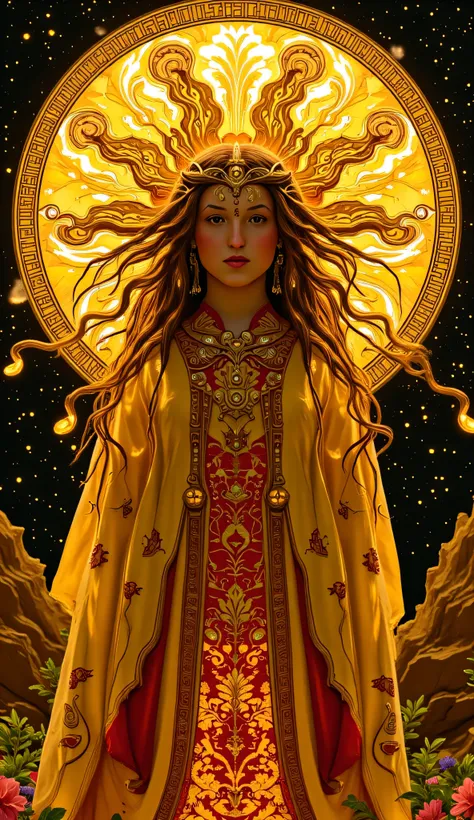 Bella Ramsey as Ra, Sun Goddess, surreal psychedelic Art Nouveau style, mystical alchemical motifs, radiant skin shimmers with golden hues, hair flowing like liquid sunlight, entwined with serpents and scarabs made of stained glass, wears a flowing robe of...