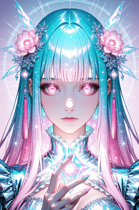woman, solo, holofoil nails, looking at viewer, holographic, holofoil glitter, glowing, bangs, pink eyes, long hair, neon hair, glowing hair, hair ornament, hand up, flower, blunt bangs, closed mouth, tassel, ribbon, portrait, ethereal, pastel gradient bac...