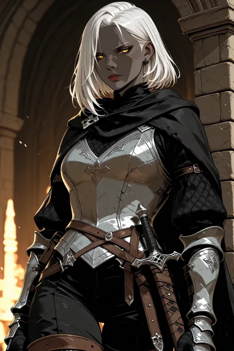 DND,A grey-skinned drow woman with a large, slender sword and armor with sexy white hair that falls on either side., yellow eyes in medieval black , fancy