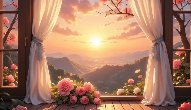 Scenery seen from the window,Windowside with a view of the sunset、high quality realistic 3d rendering,precise texture,Sparkling night view,Deep Color,sophisticated composition,Charming Atmosphere,Delicate Details,Exquisite Bokeh ,Masterpiece