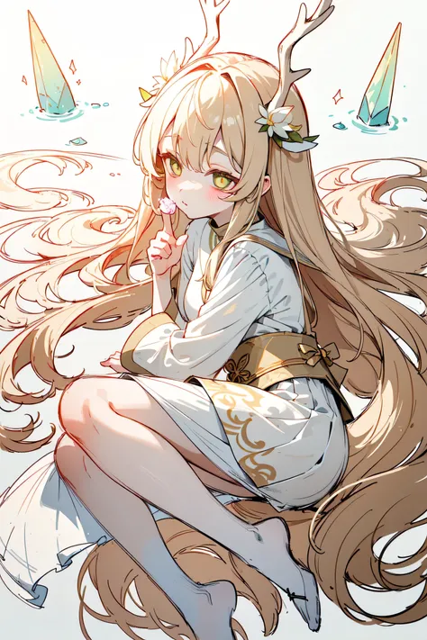 (masterpiece after sex, best quality, ultra high definition, , sketch:1.1), ((Portrait)), Fairy Deer Goddess,distribution,antlers should have a crystal texture,Light blond long hair。such as blooming lotus,add more light yarn to the hem。 skirt,short front a...