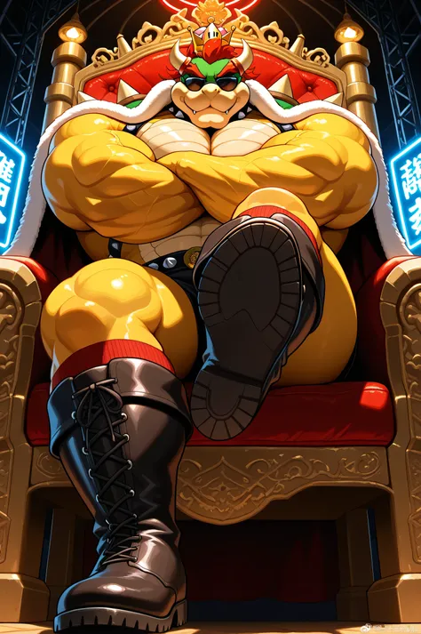 Alone, bowser, big muscles, thick legs, muscular arms, Looking at the spectator, Very detailed, masterpiece, great quality, crossing arms, bara,  yellow body, scales, Big pecs, daddy, angry, six pack, Big biceps, neon lights, sunglasses, low angle view, ki...