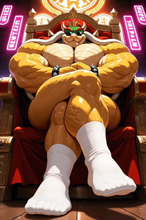 Alone, bowser, big muscles, thick legs, muscular arms, Looking at the spectator, Very detailed, masterpiece, great quality, crossing arms, bara,  yellow body, scales, Big pecs, daddy, angry, six pack, Big biceps, neon lights, sunglasses, low angle view, ki...