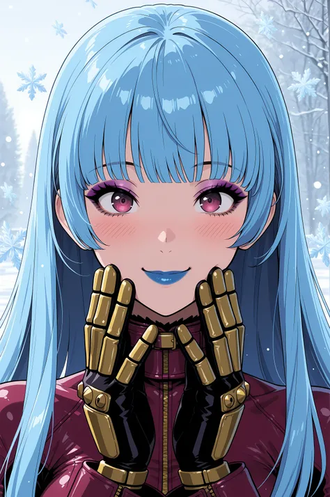 masterpiece, best quality, absurdres, newest, very aesthetic, amazing quality,highres, solo, Kula Diamond \(king of fighters\), blue hair, hime cut, purple eyes, gloves, (1girl), (detailed face:1.2), (detailed eyes:1.3), black eyeliner,purple eyeshadow, bl...