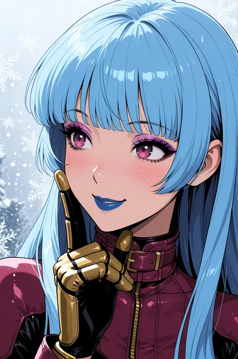 masterpiece, best quality, absurdres, newest, very aesthetic, amazing quality,highres, solo, Kula Diamond \(king of fighters\), blue hair, hime cut, purple eyes, gloves, (1girl), (detailed face:1.2), (detailed eyes:1.3), black eyeliner,purple eyeshadow, bl...
