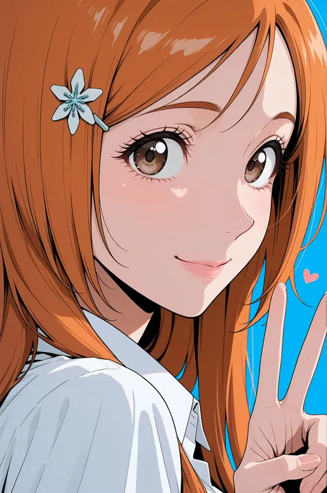 masterpiece, best quality, amazing quality, very aesthetic, absurdres, newest,highly detailed,highres,close-up portrait, female, woman, inoue orihime,hair clip,orange hair,long hair,brown eyes,fair skin,Shiny skin,pink lips,white collared shirt,simple back...