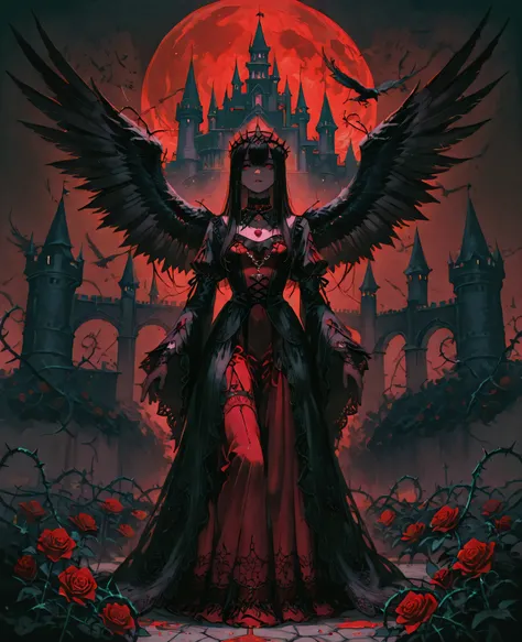 Exquisite Art, Master's Work, delicate texture, Gothic Queen Standing in the Moonlight, Black Feather Decoration, Crown of Thorns , Blood Drop Necklace, Dark Red Tunic Dress, Lace Gloves, Long Black Hair Fluttering, melancholy expression, Rose Garden Backg...