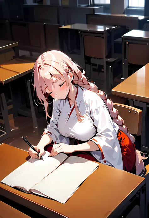 score_9_up,score_8_up,score_7_up,score_6_up,score_5_up,score_4_up,(((1 girl))),(((solo))),(((writing:1.5))),(pekomama),( milf), thick eyebrows, droopy eyes,(((closed eyes))), long hair,braided ponytail,Miko,red hakama,mature female,sitting chair,table,indo...