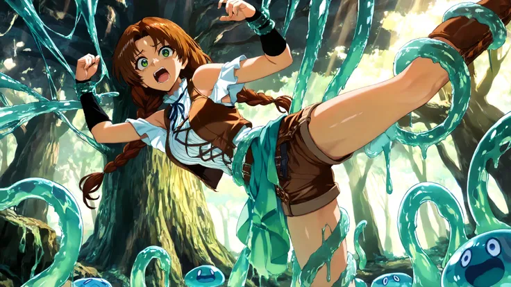 2D anime style, 1 girl, expression mixed with fear and surprise, Big green eyes, long brown braids, brown leather vest, Exposed Shoulders, black arm warmers, White blouse, shorts, leather boots, wrist and ankle restrained, Blue translucent slime, mucus ten...