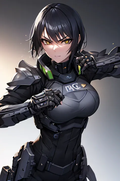 A highly detailed portrait of a slender, athletic American female deputy leader in black tactical armor. Her right hand wields a razor-edged gauntlet blade, her left hand features a sleek integrated stun gun. Short black hair, sharp eyes, and a calm, calcu...