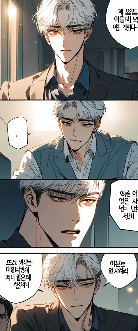 male,Two boys, Handsome Guy ,Young and handsome,Korean comics,comic style,Two boys,一个黑色头发男生Young and handsome,and a handsome boy with white hair,Clothes in Korean school uniforms,In the classroom ,shy,Happy happy,manga anime style,illustration,also le...