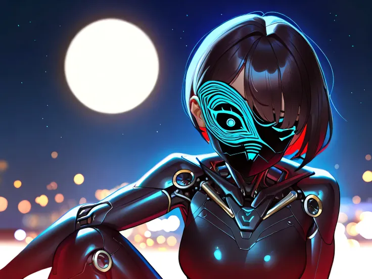 womanhood,dark haired,Shorthair,cyborg,Night Sky,Gazing at the full moon,High Quality,4K real,high res,Ultra Fine,HDR,UHD,studio lighting,Ultra Fine Painting, Sharp focus from the back of the knee up,physics-based rendering,extreme detailed expression,Prof...